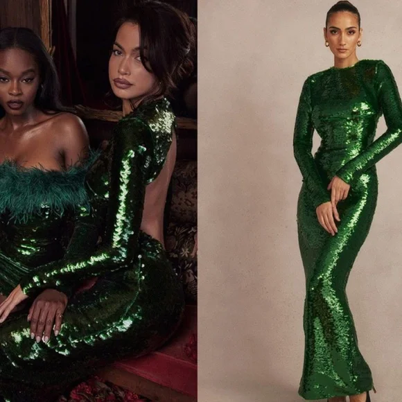 HOUSE OF CB 'Belle' Pine Green Sequin Maxi Dress - Picture 1 of 7